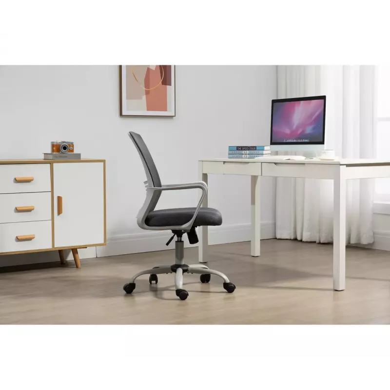 Grozais biroja krēsls ActiveJet YK01 — polsterēts auduma sēdeklis, sieta atzveltne, pelēks, regulējams augstums 46–56 cm