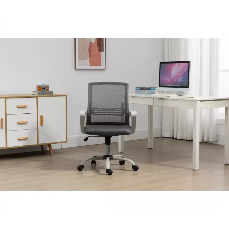 Grozais biroja krēsls ActiveJet YK01 — polsterēts auduma sēdeklis, sieta atzveltne, pelēks, regulējams augstums 46–56 cm