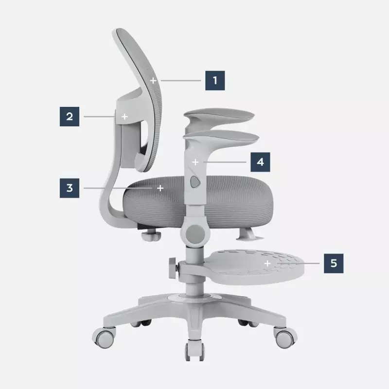 Grozámais krēsls mark adler Junior 5.0 — ergonomiska sieta atzveltne, putu sēdeklis, regulējams augstums 42–54 cm, pelēks