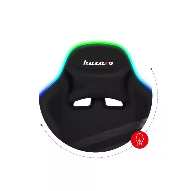 Huzaro FORCE 4.4 RGB spēļu krēsls melns — auduma polsterēts kausa sēdeklis, maksimālā slodze 130 kg, regulējama atzveltne, augstums 115–125 cm, RGB apgaismojums