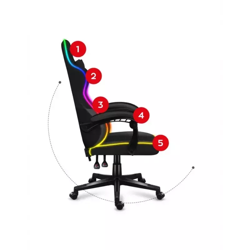 Huzaro FORCE 4.4 RGB spēļu krēsls melns — auduma polsterēts kausa sēdeklis, maksimālā slodze 130 kg, regulējama atzveltne, augstums 115–125 cm, RGB apgaismojums