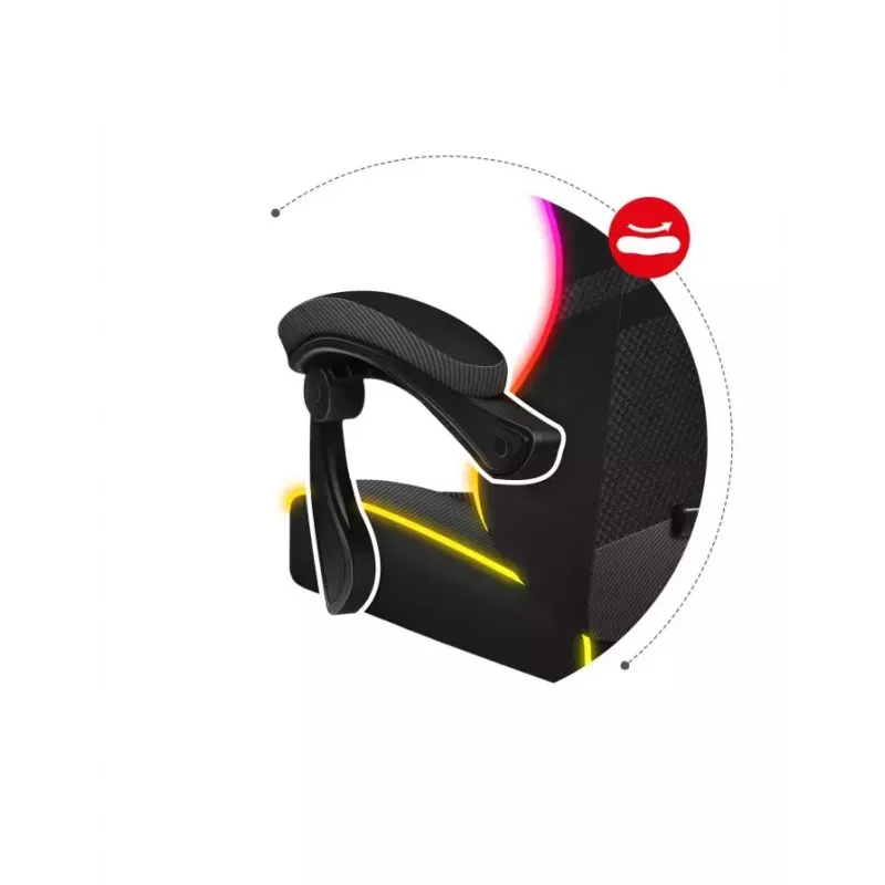 Huzaro FORCE 4.4 RGB spēļu krēsls melns — auduma polsterēts kausa sēdeklis, maksimālā slodze 130 kg, regulējama atzveltne, augstums 115–125 cm, RGB apgaismojums