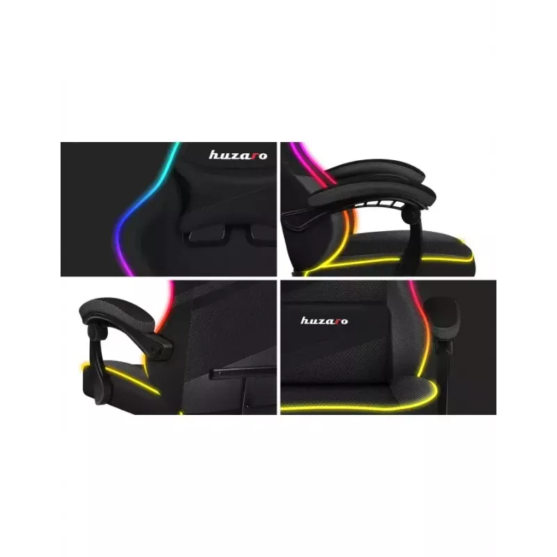 Huzaro FORCE 4.4 RGB spēļu krēsls melns — auduma polsterēts kausa sēdeklis, maksimālā slodze 130 kg, regulējama atzveltne, augstums 115–125 cm, RGB apgaismojums
