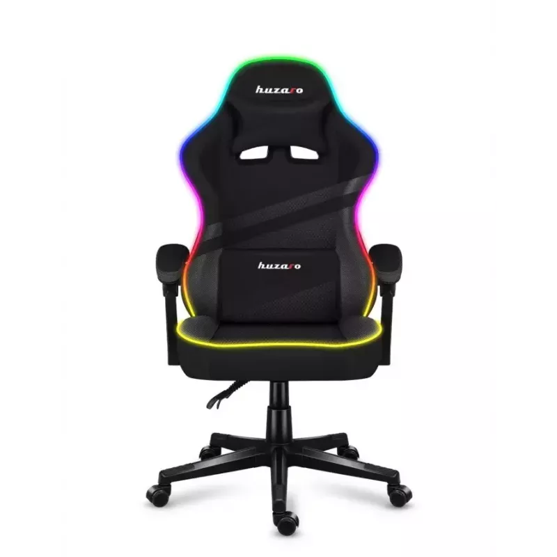 Huzaro FORCE 4.4 RGB spēļu krēsls melns — auduma polsterēts kausa sēdeklis, maksimālā slodze 130 kg, regulējama atzveltne, augstums 115–125 cm, RGB apgaismojums