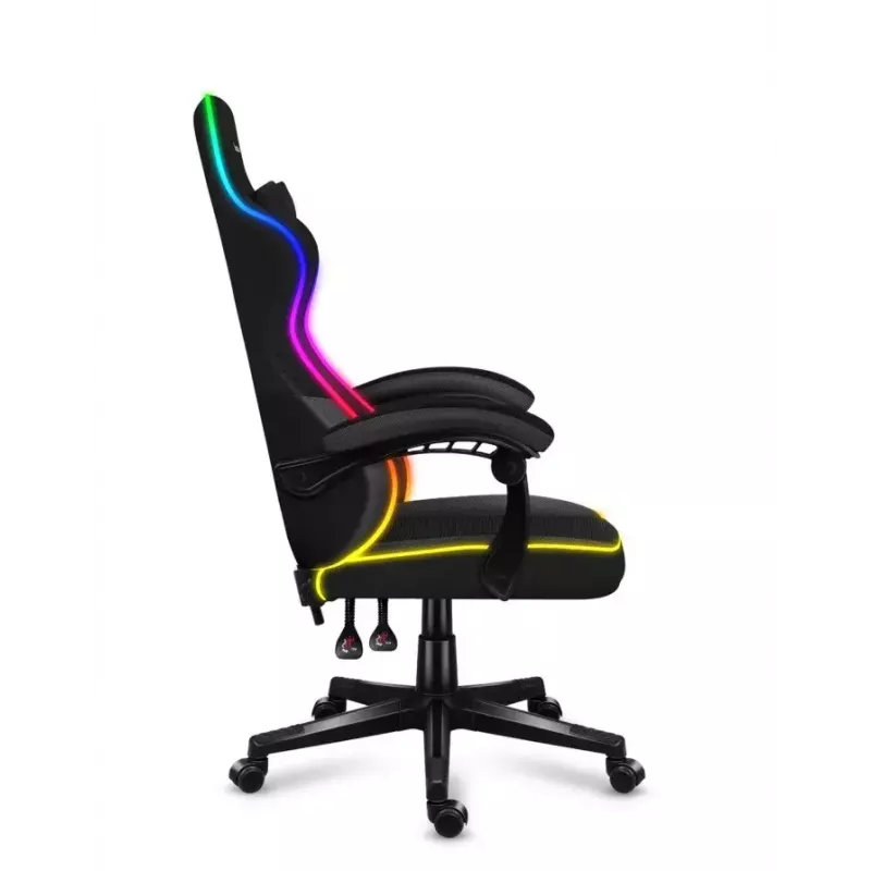 Huzaro FORCE 4.4 RGB spēļu krēsls melns — auduma polsterēts kausa sēdeklis, maksimālā slodze 130 kg, regulējama atzveltne, augstums 115–125 cm, RGB apgaismojums
