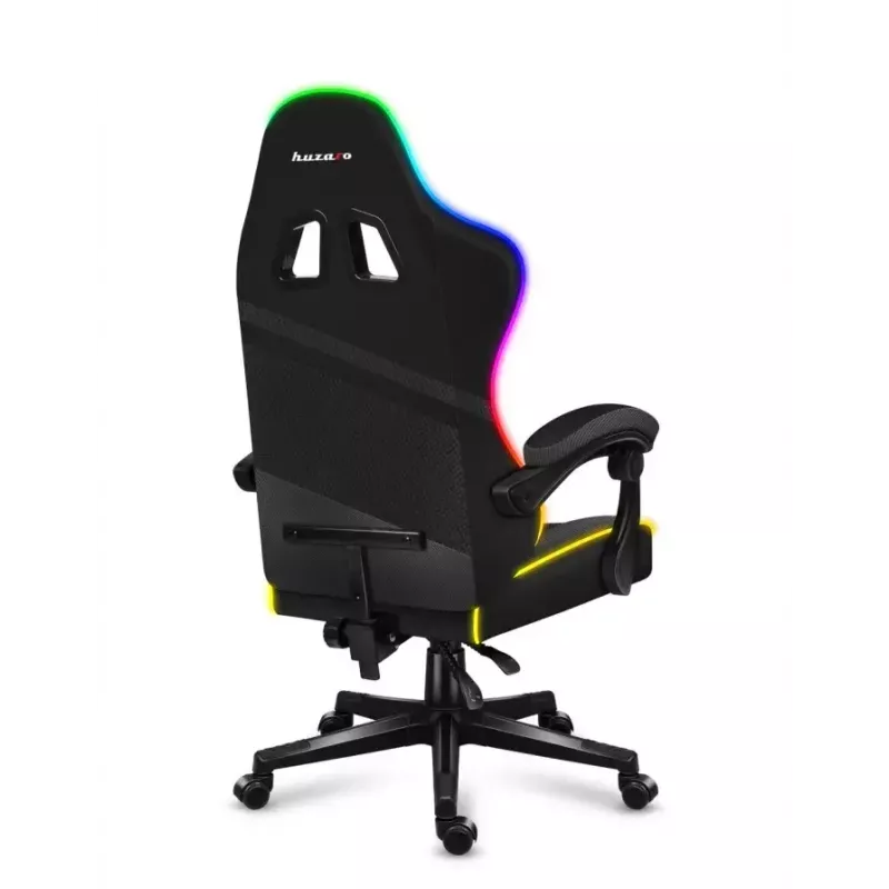 Huzaro FORCE 4.4 RGB spēļu krēsls melns — auduma polsterēts kausa sēdeklis, maksimālā slodze 130 kg, regulējama atzveltne, augstums 115–125 cm, RGB apgaismojums