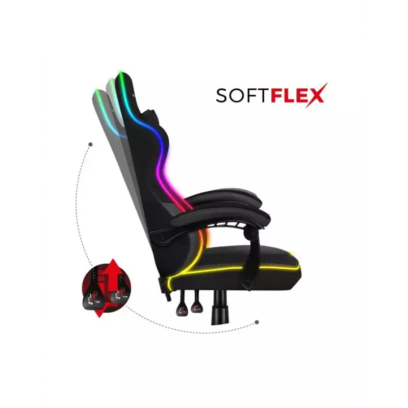 Huzaro FORCE 4.4 RGB spēļu krēsls melns — auduma polsterēts kausa sēdeklis, maksimālā slodze 130 kg, regulējama atzveltne, augstums 115–125 cm, RGB apgaismojums