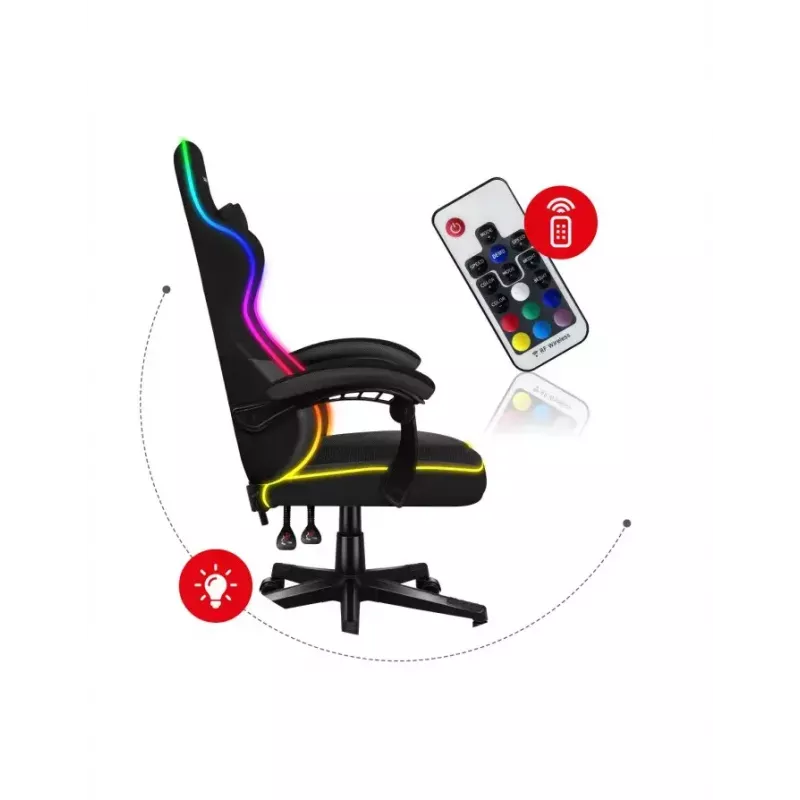 Huzaro FORCE 4.4 RGB spēļu krēsls melns — auduma polsterēts kausa sēdeklis, maksimālā slodze 130 kg, regulējama atzveltne, augstums 115–125 cm, RGB apgaismojums