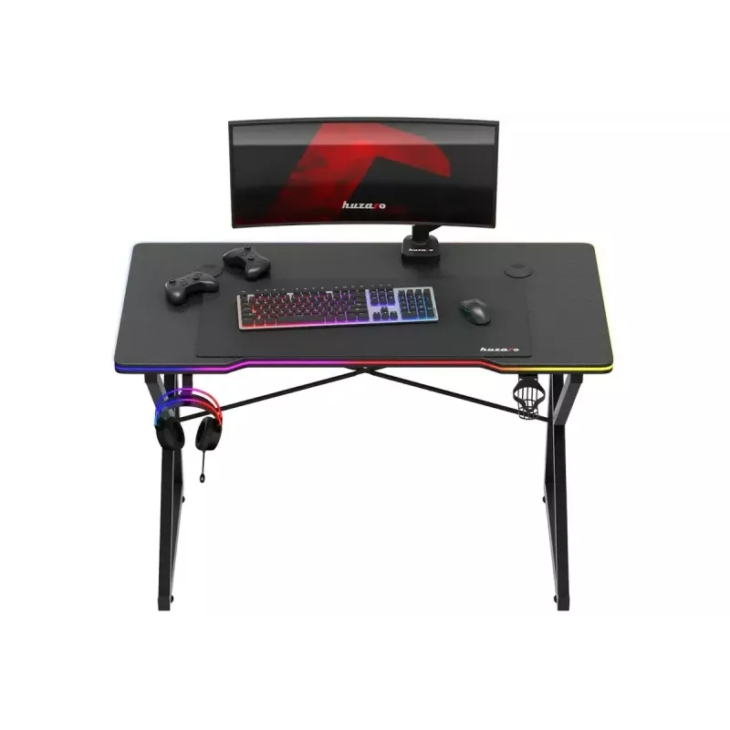 Spēļu galds Huzaro Hero 1.7 RGB Melns — taisns ergonomisks rakstāmgalds 1200x600 mm, 750 mm augstums, LED, krūzes turētājs, austiņu āķis