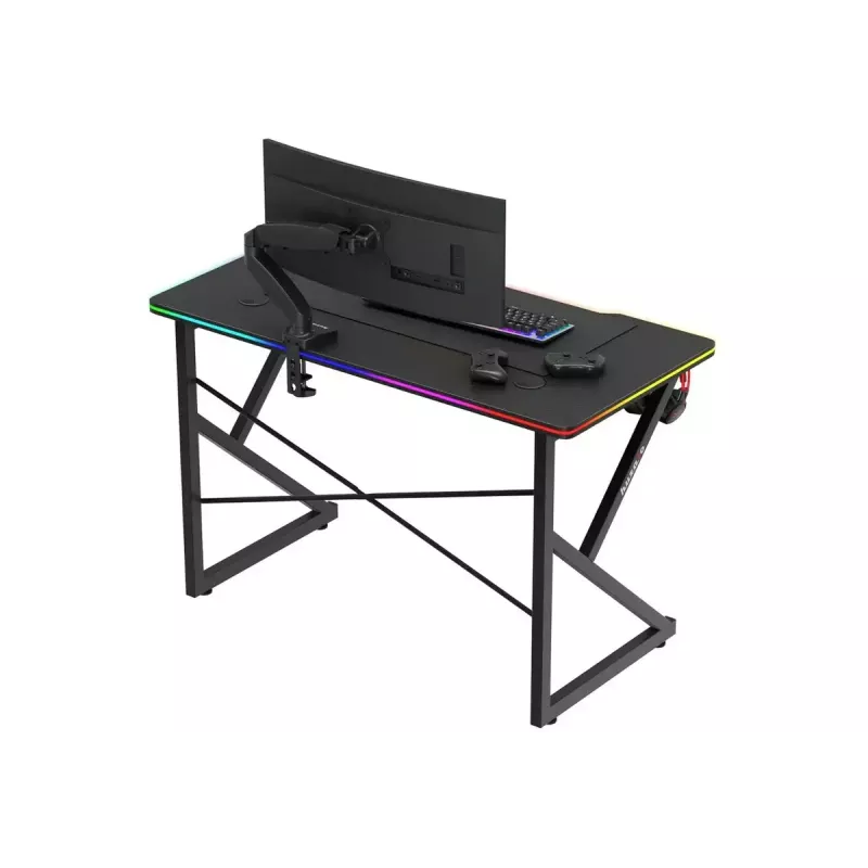 Spēļu galds Huzaro Hero 1.7 RGB Melns — taisns ergonomisks rakstāmgalds 1200x600 mm, 750 mm augstums, LED, krūzes turētājs, austiņu āķis