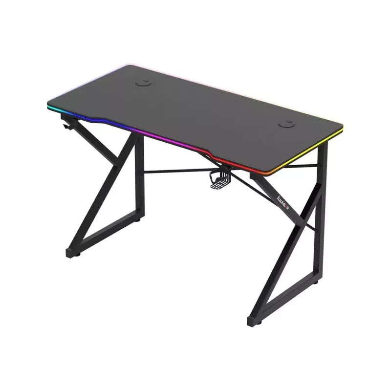 Spēļu galds Huzaro Hero 1.7 RGB Melns — taisns ergonomisks rakstāmgalds 1200x600 mm, 750 mm augstums, LED, krūzes turētājs, austiņu āķis