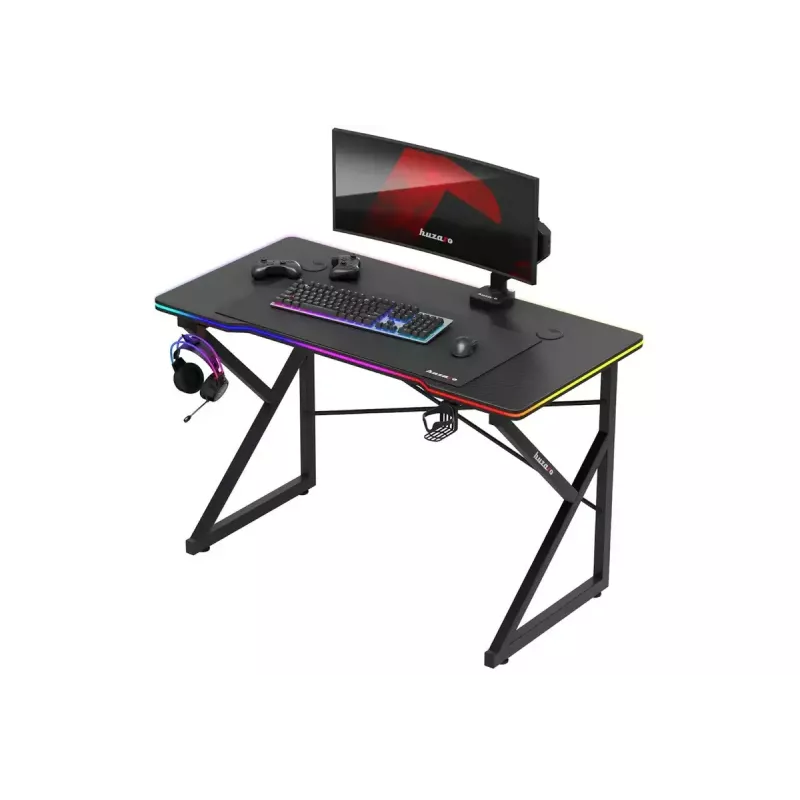 Spēļu galds Huzaro Hero 1.7 RGB Melns — taisns ergonomisks rakstāmgalds 1200x600 mm, 750 mm augstums, LED, krūzes turētājs, austiņu āķis