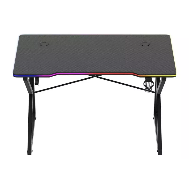 Spēļu galds Huzaro Hero 1.7 RGB Melns — taisns ergonomisks rakstāmgalds 1200x600 mm, 750 mm augstums, LED, krūzes turētājs, austiņu āķis