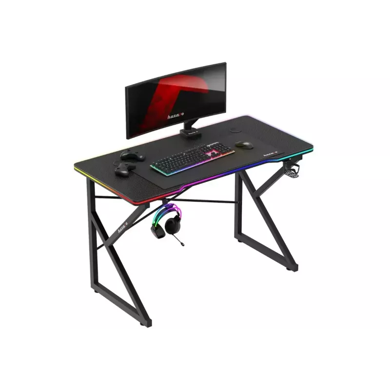 Spēļu galds Huzaro Hero 1.7 RGB Melns — taisns ergonomisks rakstāmgalds 1200x600 mm, 750 mm augstums, LED, krūzes turētājs, austiņu āķis