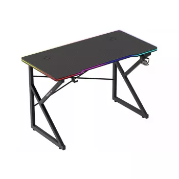 Spēļu galds Huzaro Hero 1.7 RGB Melns — taisns ergonomisks rakstāmgalds 1200x600 mm, 750 mm augstums, LED, krūzes turētājs, austiņu āķis
