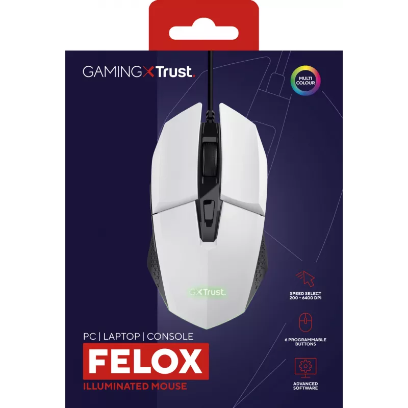 Trust GXT 109W Felox pele Spēlēm Labroču USB Type-A Optiskā 6400 DPI
