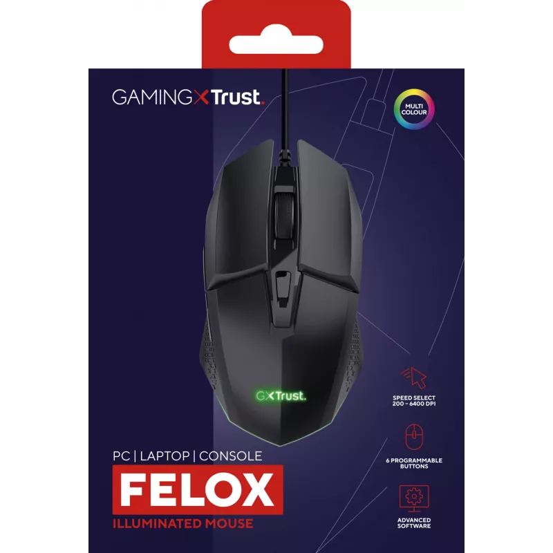 Trust GXT 109 Felox pele Gaming Ar labo roku USB Type-A Optiskā 6400 DPI