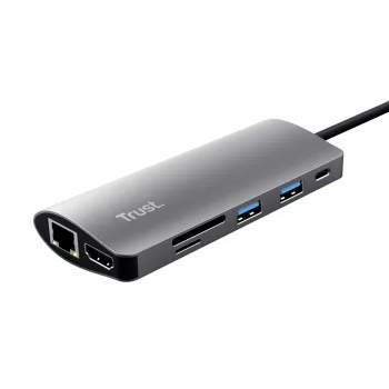 Trust Dalyx 23775 7 vienā USB-C vairāku portu adapteris, USB-C 3.2, HDMI, RJ-45 Gigabit Ethernet, SD/microSD karšu lasītājs, sudrabains