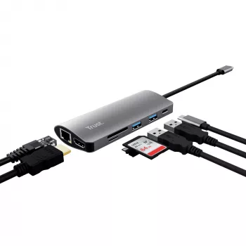 Trust Dalyx 23775 7 vienā USB-C vairāku portu adapteris, USB-C 3.2, HDMI, RJ-45 Gigabit Ethernet, SD/microSD karšu lasītājs, sudrabains