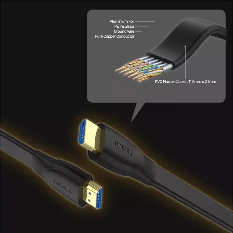 HDMI kabelis Unitek C11063BK-2M 2 m, HDMI 2.0, 18 Gbit/s, 4K@60Hz, ARC, plakans melns