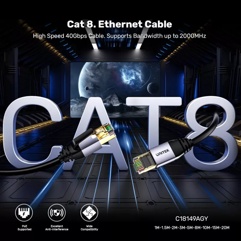 UNITEK Unitek Ethernet kabelis Rj-45 Lan Cat.8 (s/ftp) 1m