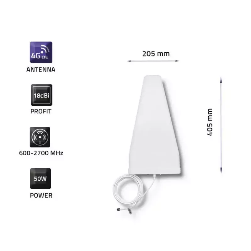 Āra 4G LTE antena QOLTEC 57021 — 18 dBi pastiprinājums, 600–2700 MHz, 50 Ω, 50 W, balts plastmasas korpuss
