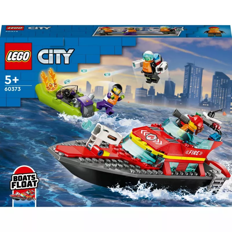 LEGO rotaļu komplekts Ugunsdzēsības glābšanas laiva 60373 — City sērija, 144 gab., 3 mini figūriņas, vecums 5+, izmēri 80×230×70 mm
