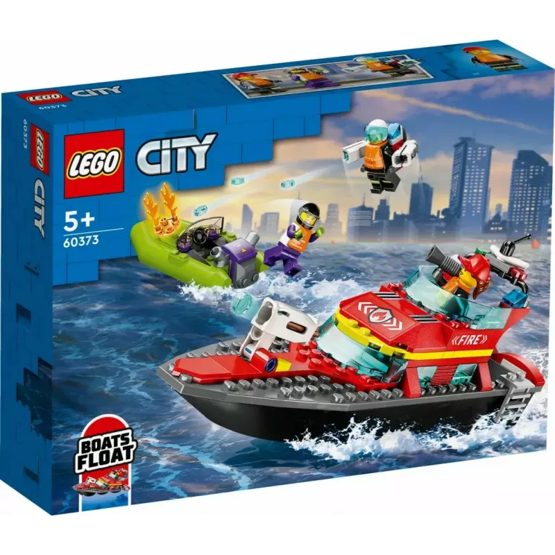 LEGO rotaļu komplekts Ugunsdzēsības glābšanas laiva 60373 — City sērija, 144 gab., 3 mini figūriņas, vecums 5+, izmēri 80×230×70 mm