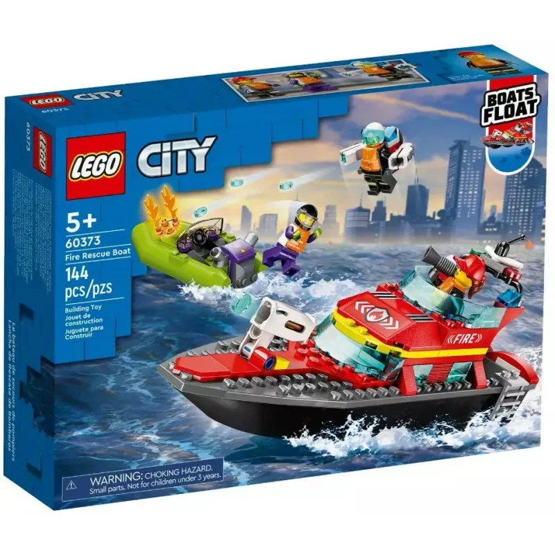 LEGO rotaļu komplekts Ugunsdzēsības glābšanas laiva 60373 — City sērija, 144 gab., 3 mini figūriņas, vecums 5+, izmēri 80×230×70 mm