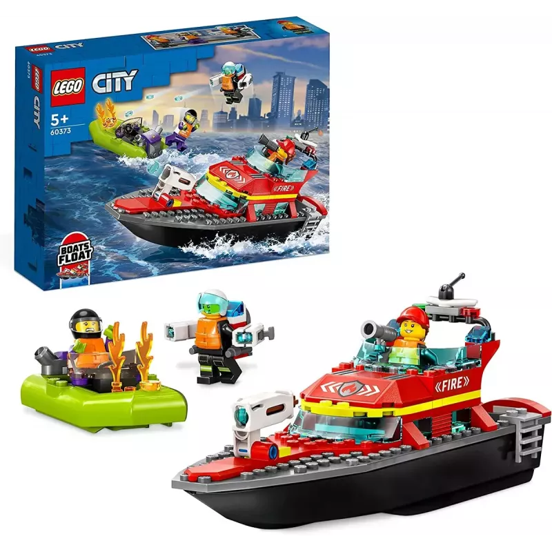 LEGO rotaļu komplekts Ugunsdzēsības glābšanas laiva 60373 — City sērija, 144 gab., 3 mini figūriņas, vecums 5+, izmēri 80×230×70 mm