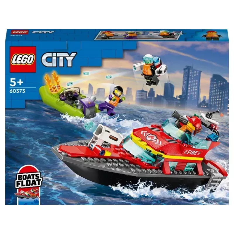 LEGO rotaļu komplekts Ugunsdzēsības glābšanas laiva 60373 — City sērija, 144 gab., 3 mini figūriņas, vecums 5+, izmēri 80×230×70 mm