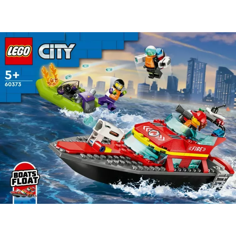LEGO rotaļu komplekts Ugunsdzēsības glābšanas laiva 60373 — City sērija, 144 gab., 3 mini figūriņas, vecums 5+, izmēri 80×230×70 mm