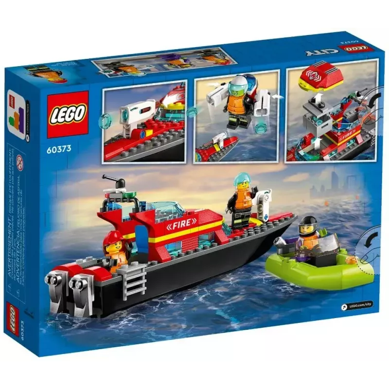 LEGO rotaļu komplekts Ugunsdzēsības glābšanas laiva 60373 — City sērija, 144 gab., 3 mini figūriņas, vecums 5+, izmēri 80×230×70 mm
