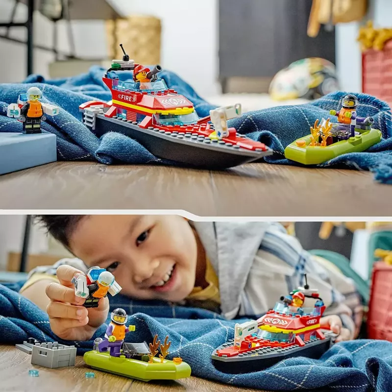 LEGO rotaļu komplekts Ugunsdzēsības glābšanas laiva 60373 — City sērija, 144 gab., 3 mini figūriņas, vecums 5+, izmēri 80×230×70 mm