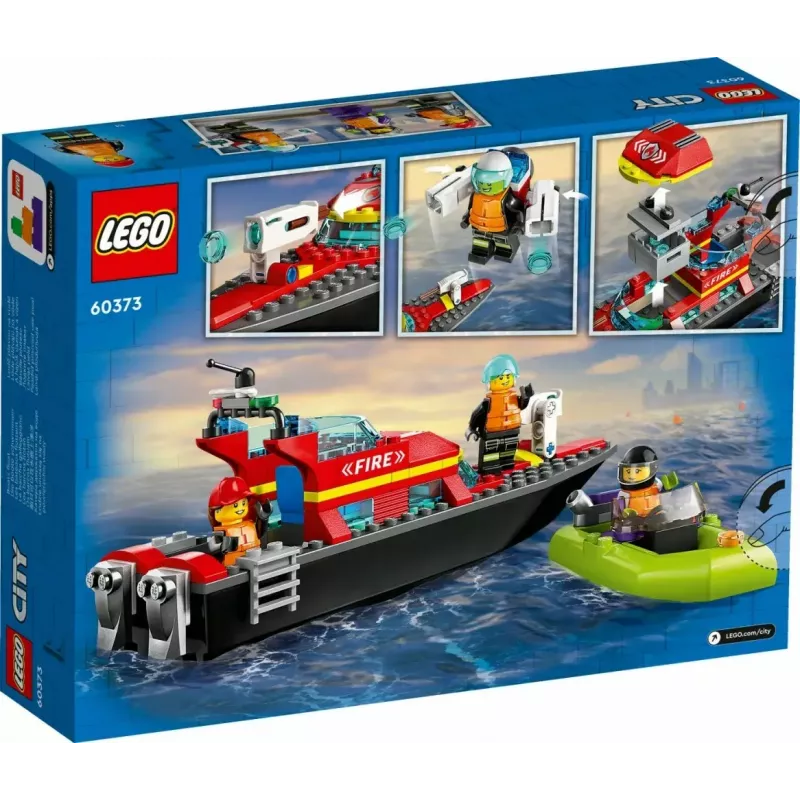 LEGO rotaļu komplekts Ugunsdzēsības glābšanas laiva 60373 — City sērija, 144 gab., 3 mini figūriņas, vecums 5+, izmēri 80×230×70 mm