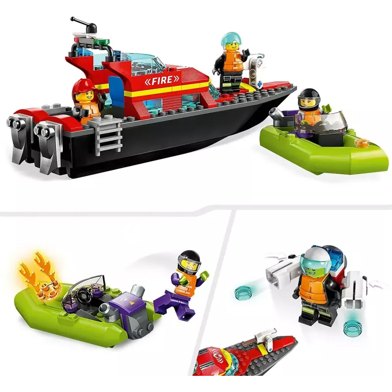 LEGO rotaļu komplekts Ugunsdzēsības glābšanas laiva 60373 — City sērija, 144 gab., 3 mini figūriņas, vecums 5+, izmēri 80×230×70 mm