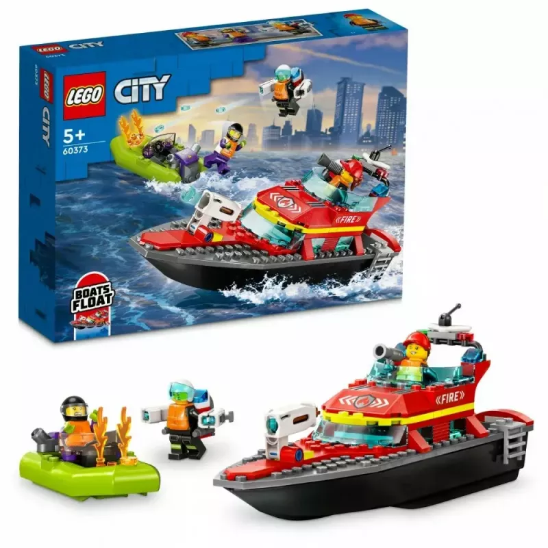 LEGO rotaļu komplekts Ugunsdzēsības glābšanas laiva 60373 — City sērija, 144 gab., 3 mini figūriņas, vecums 5+, izmēri 80×230×70 mm