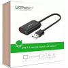 Ārējais USB 2.0 audio adapteris UGREEN 30724 — 2.0 stereo, austiņu izeja, mikrofona ieeja, 0,15 m kabelis, melns