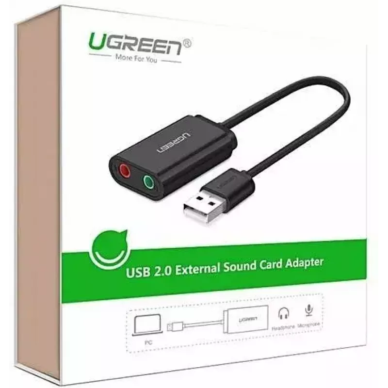 Ārējais USB 2.0 audio adapteris UGREEN 30724 — 2.0 stereo, austiņu izeja, mikrofona ieeja, 0,15 m kabelis, melns