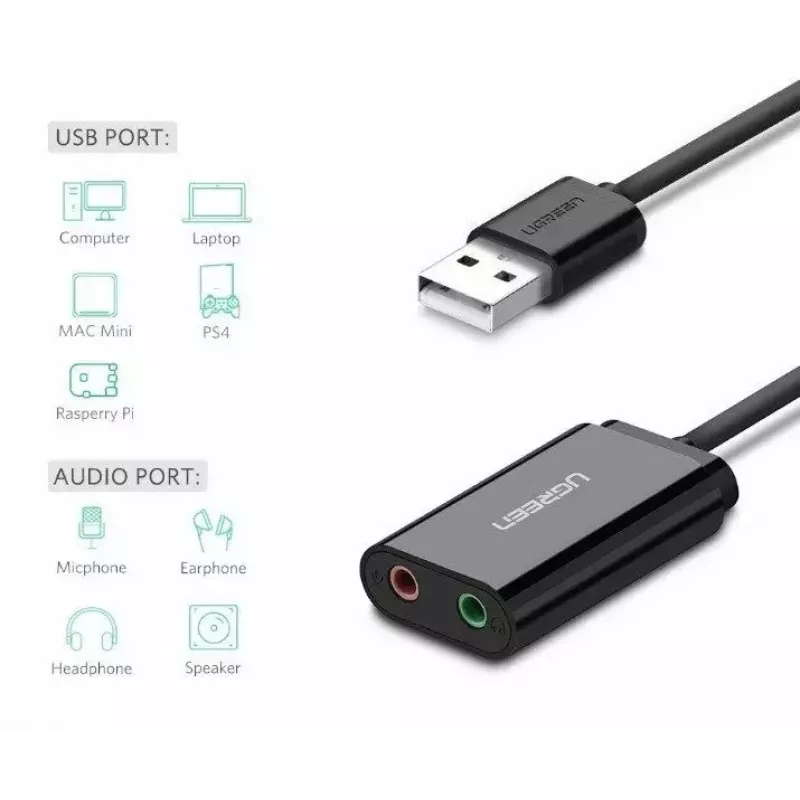 Ārējais USB 2.0 audio adapteris UGREEN 30724 — 2.0 stereo, austiņu izeja, mikrofona ieeja, 0,15 m kabelis, melns