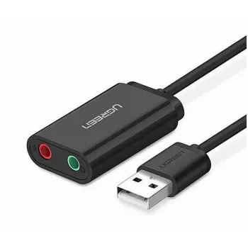 Ārējais USB 2.0 audio adapteris UGREEN 30724 — 2.0 stereo, austiņu izeja, mikrofona ieeja, 0,15 m kabelis, melns