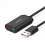 Ārējais USB 2.0 audio adapteris UGREEN 30724 — 2.0 stereo, austiņu izeja, mikrofona ieeja, 0,15 m kabelis, melns