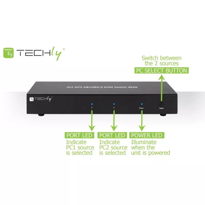 Techly IDATA DP-KVM2 KVM slēdzis melns