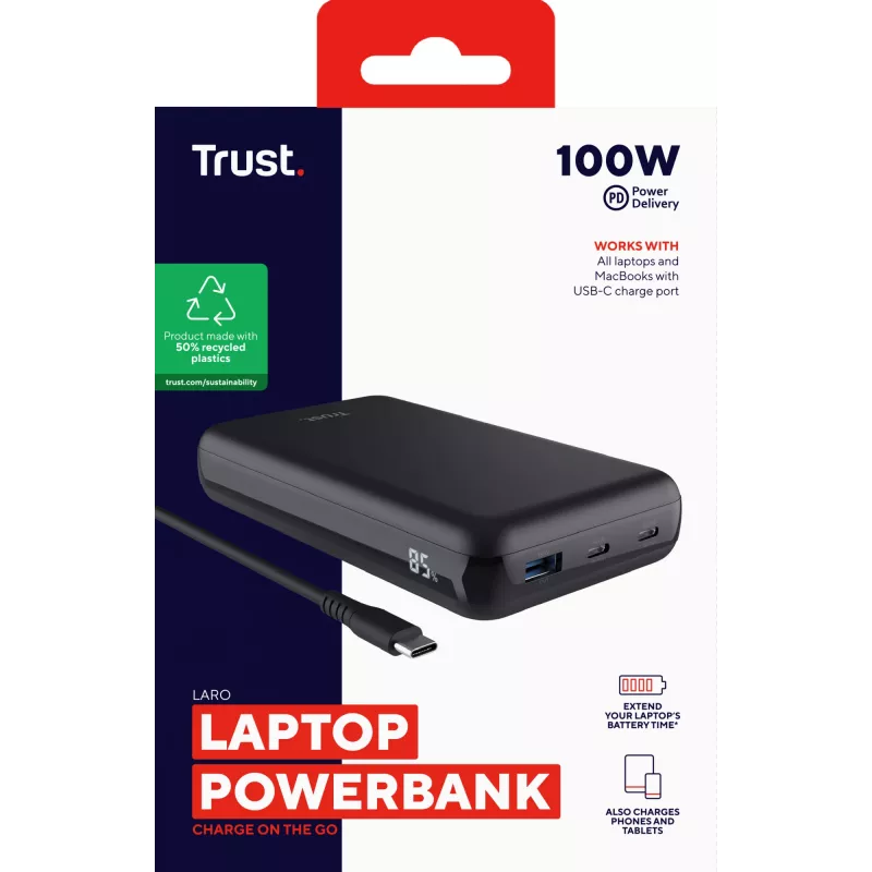 Trust Laro - Powerbank - 20000 mAh - 100 Watt - 5 A - QC 3,0, Power Delivery 3,0 + PPS - 3 Ausgabeanschlussstellen (4 pin USB Type A (QC 3,0), 2 x 24-