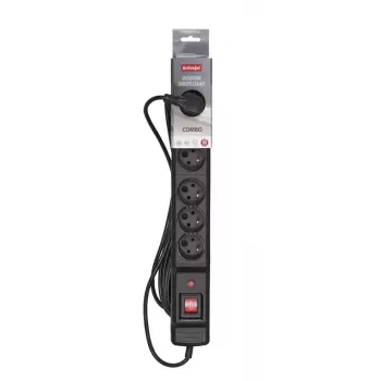 Strāvas pagarinātājs ActiveJet COMBO 6GN 3M — 6 E tipa rozetes, 3 m kabelis, 10 A, 230 V, iekštelpām, montāža pie sienas/grīdas, melns