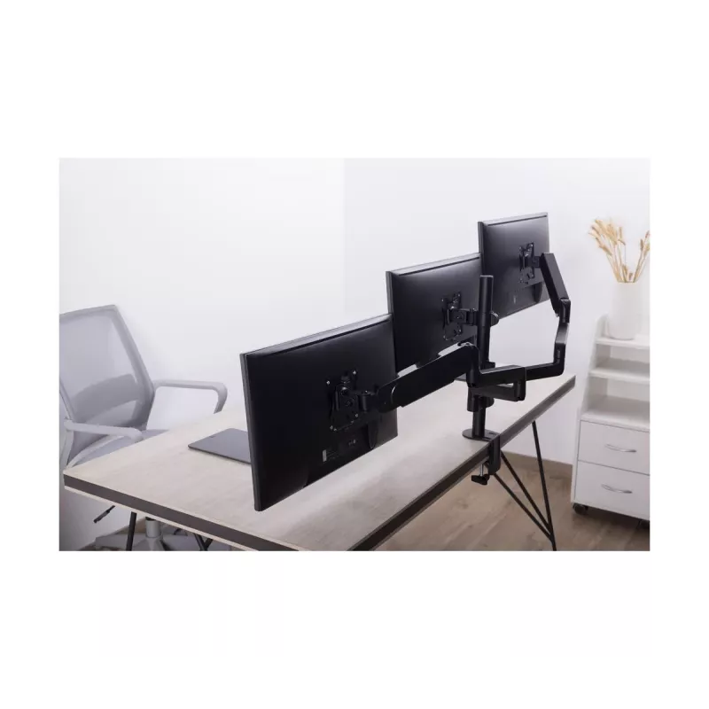 Monitora stiprinājums GEMBIRD MA-DA3-01 3-roku galda skava/caurule līdz 3×27 collas, VESA 75/100, gāzes atspere, melns