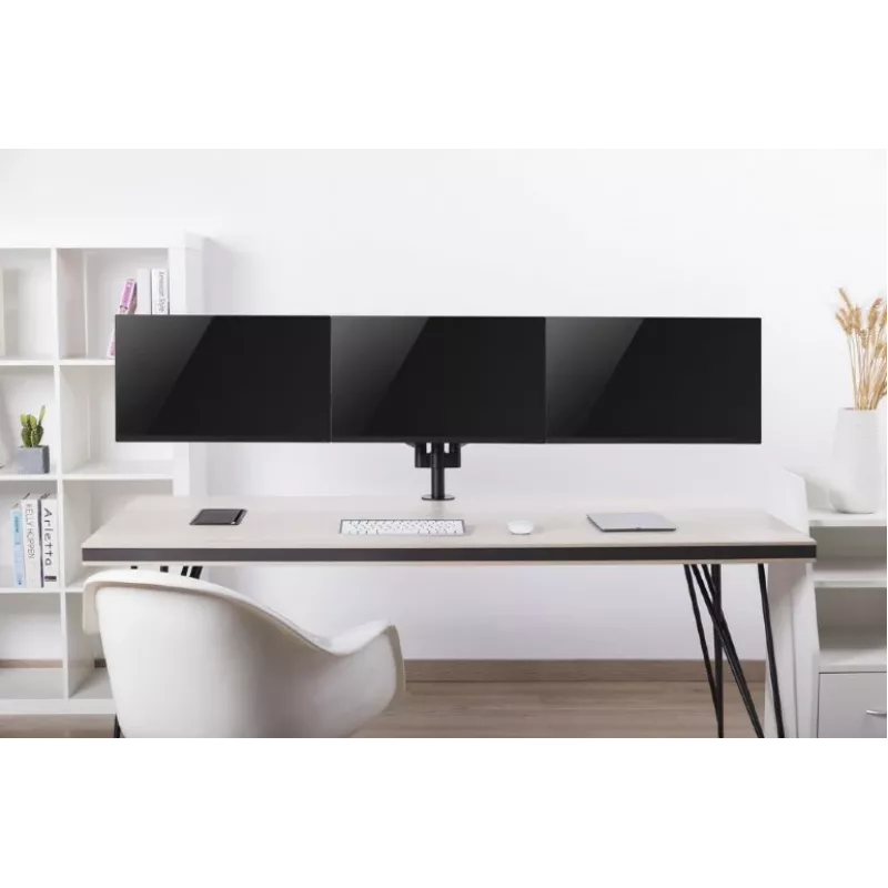 Monitora stiprinājums GEMBIRD MA-DA3-01 3-roku galda skava/caurule līdz 3×27 collas, VESA 75/100, gāzes atspere, melns