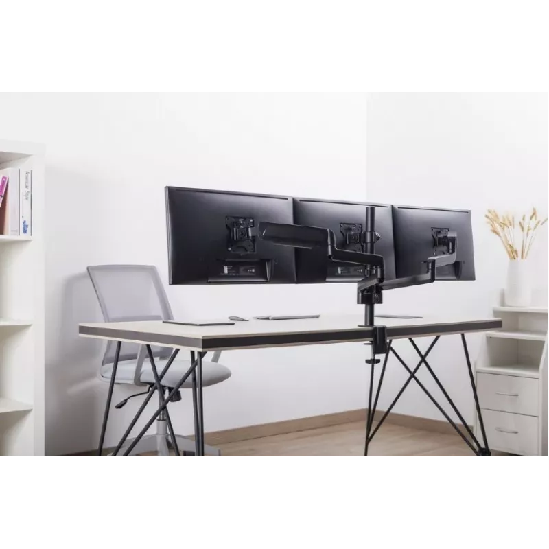Monitora stiprinājums GEMBIRD MA-DA3-01 3-roku galda skava/caurule līdz 3×27 collas, VESA 75/100, gāzes atspere, melns