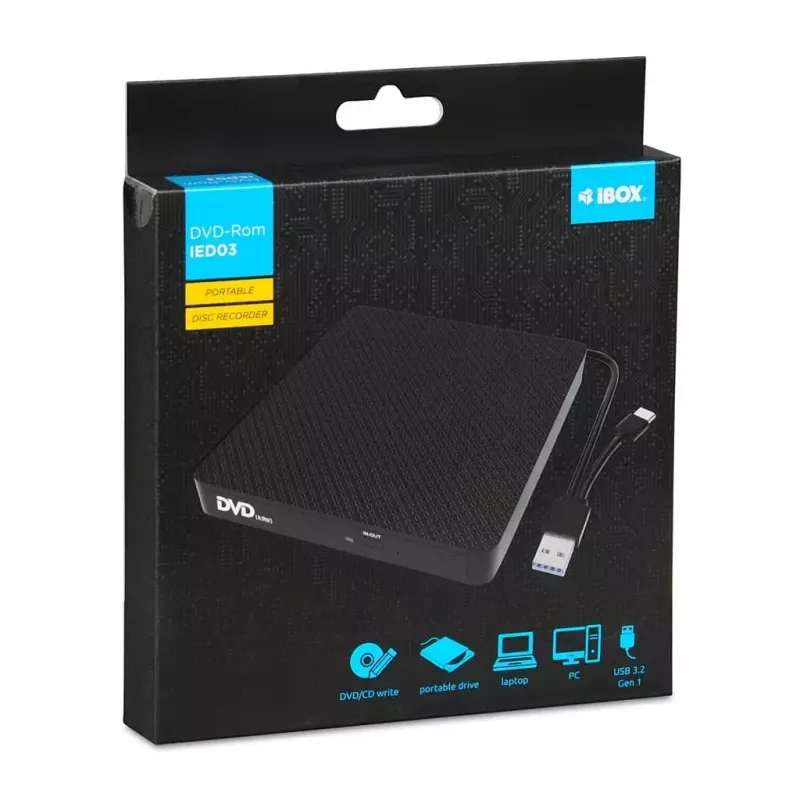 Optical Disc Drive IBOX IED03 DVD±RW USB 3.1 Gen1 (USB-C) Melns, tray, 24x CD / 8x DVD