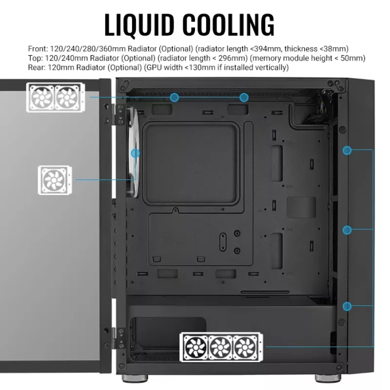 PC Midi Tower korpuss AEROCOOL Graphite‑G‑BK‑v2 — Melns, ATX/Micro‑ATX/Mini‑ITX, priekšā 2×140 mm + aizmugurē 1×140 mm